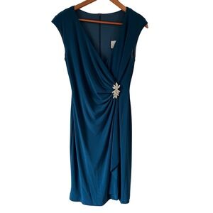 Celavie Sleeveless Faux Wrap Style Dress Jeweled Brooch at Waist Women's Medium